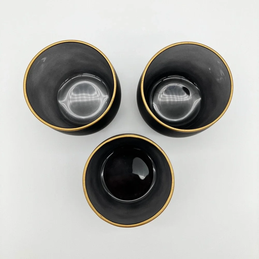 Votive Candle Holders Set of 3 Matte Black Gold Rim Frosted Glass